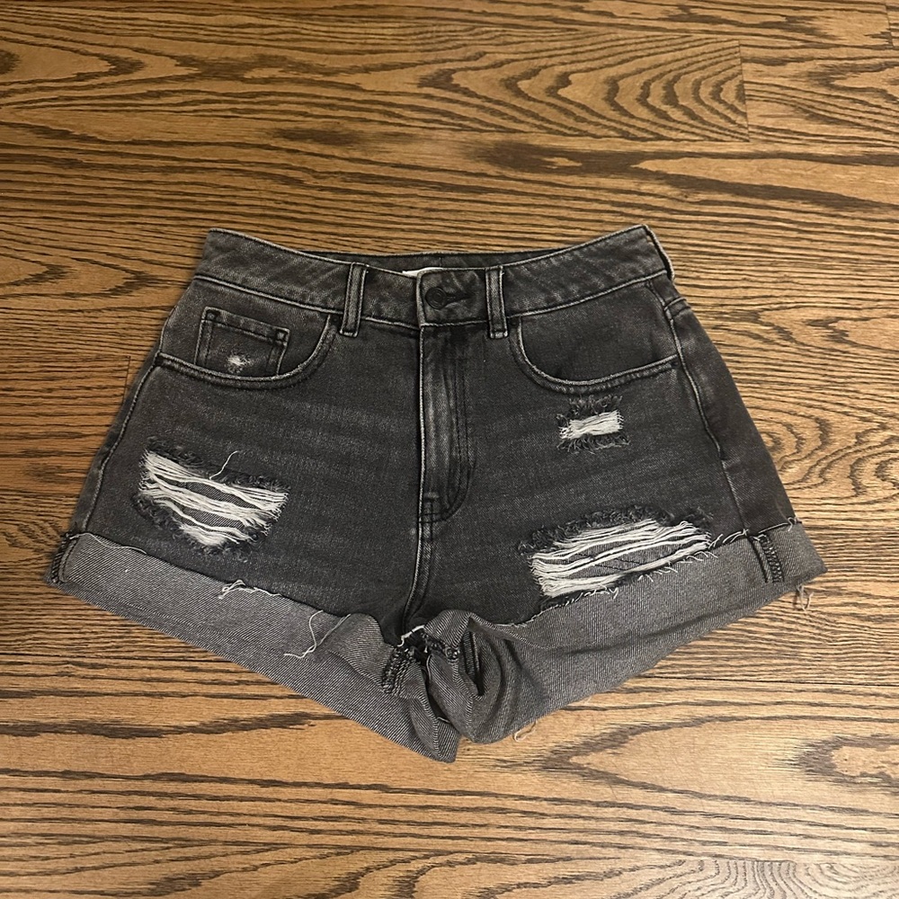 Distressed Black Denim Mom Shorts